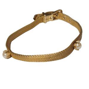Gold Tone Genuine Pearl Vintage Mesh Adjustable Belt Buckle Bracelet, M125